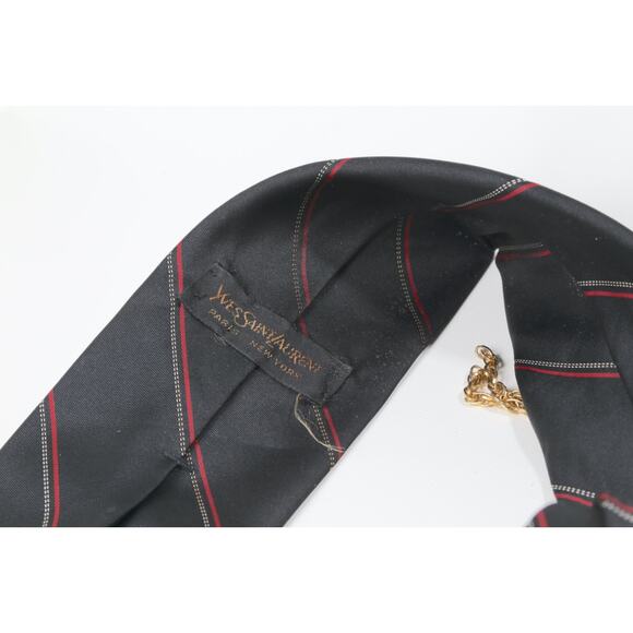 Vintage YSL Yves Saint Laurent Red Striped Silk Tie w/ Gold Brooch Motif - Picture 8 of 10